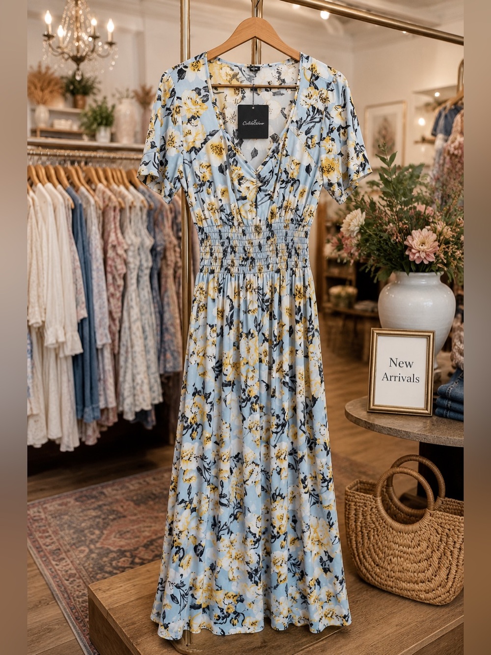 Nali Collection Blue Yellow Floral Smocked Maxi Dress XL NWT - Picture 2 of 8